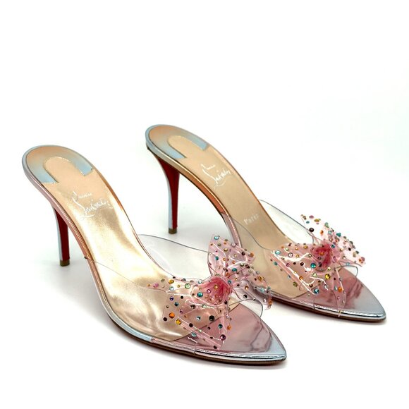 Christian Louboutin AQUA STRASS 80 PVC Crustal Bow Mule Sandals Heels - Picture 8 of 16